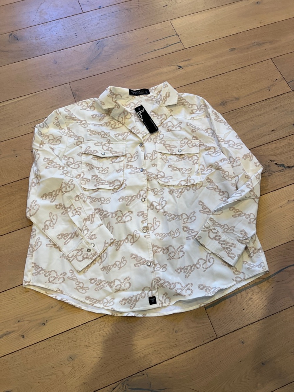 Lucky & Blessed White Button-Down Shirt with Beige Script Print